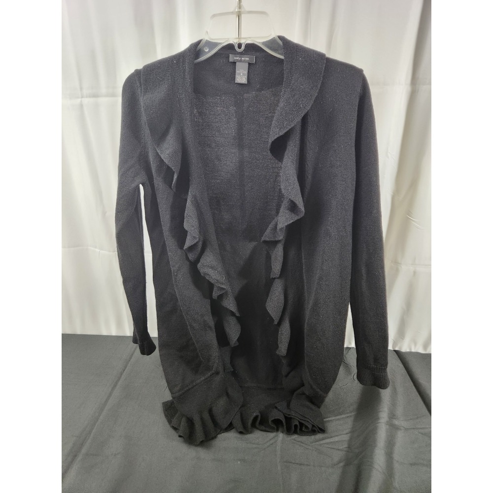 Only Mine Long Open Front Ruffle‎ Trim Cardigan 100% Merino Wool Size S